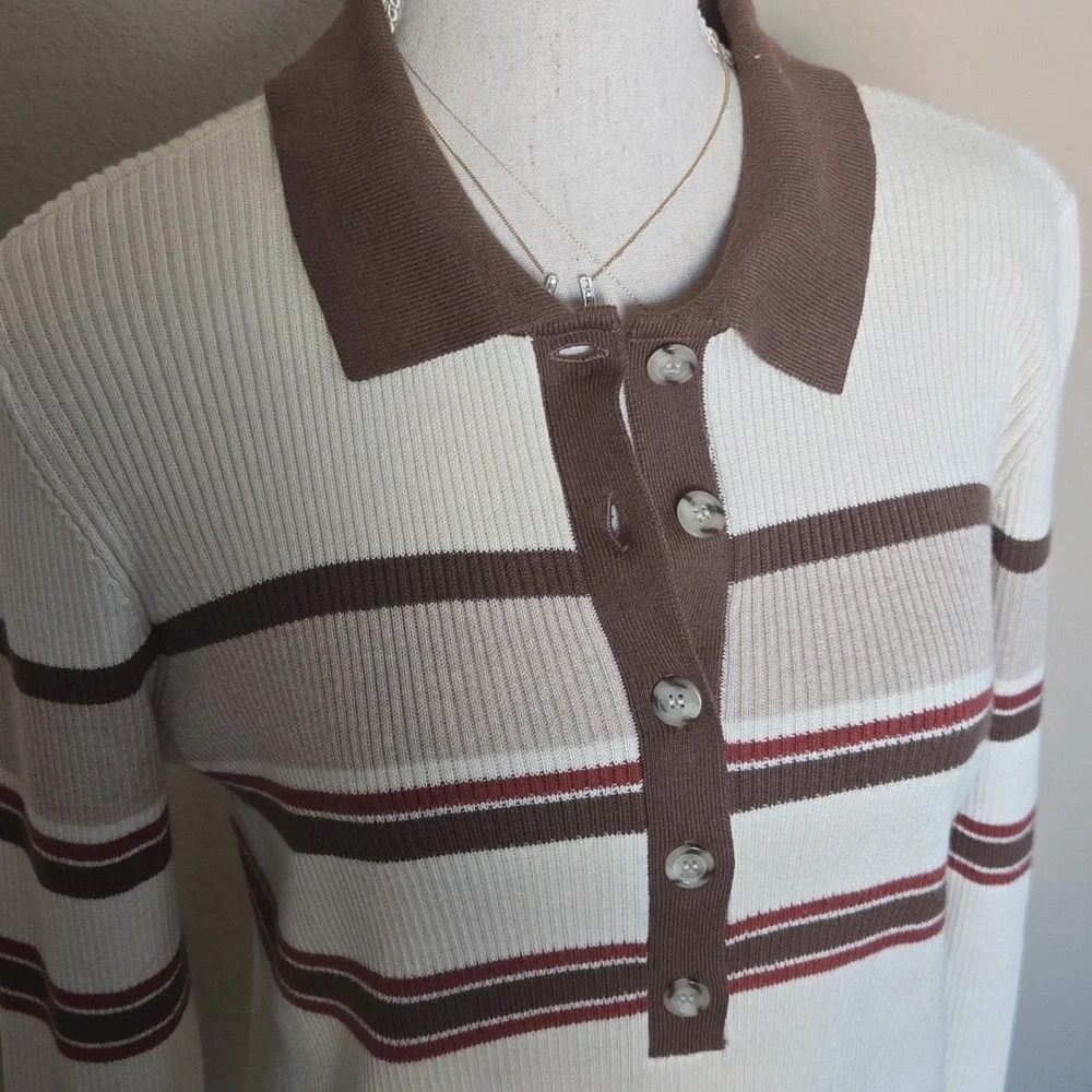 NEW Faherty Mikki Polo Long Sleeve Ribbed Pullover Retro Fall Stripe - L - Picture 3 of 11